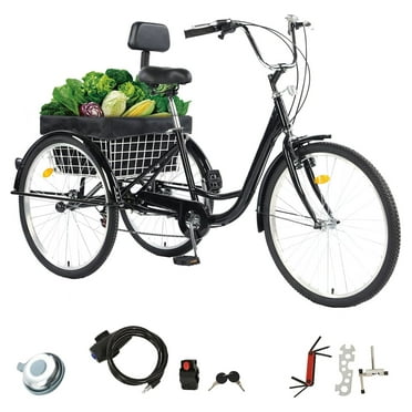 JSTUOKE Versatile 26-Inch 3-Wheel Adult Tricycle with 7-Speed Transmission and storage Basket for Ultimate Convenience and Utility (BLACK)