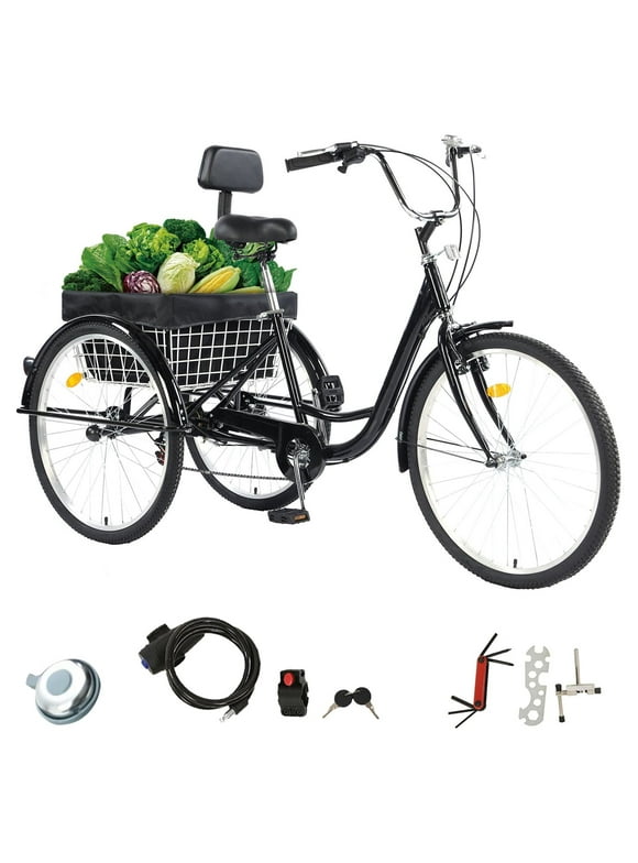 JSTUOKE Versatile 26-Inch 3-Wheel Adult Tricycle with 7-Speed Transmission and storage Basket for Ultimate Convenience and Utility (BLACK)