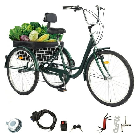 Tuoke Versatile 3-Wheel Adult Tricycle with 7-Speed Gearing, 26-Inch Tires, and Spacious Basket for Comfortable Riding and Storage（Green）