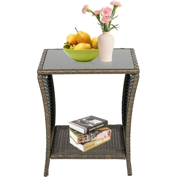 JSUN7 Patio Wicker Bistro Table Rattan Square Outdoor Furniture Woven Desk Side with Black Glass Top, Dark Blonde