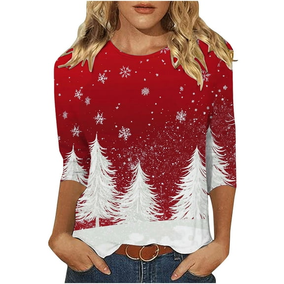 JSheng 3/4 Sleeve Tops for Women Christmas Women's Loose Fashionable Printed Round Neck Pullover T-shirt Top Red L