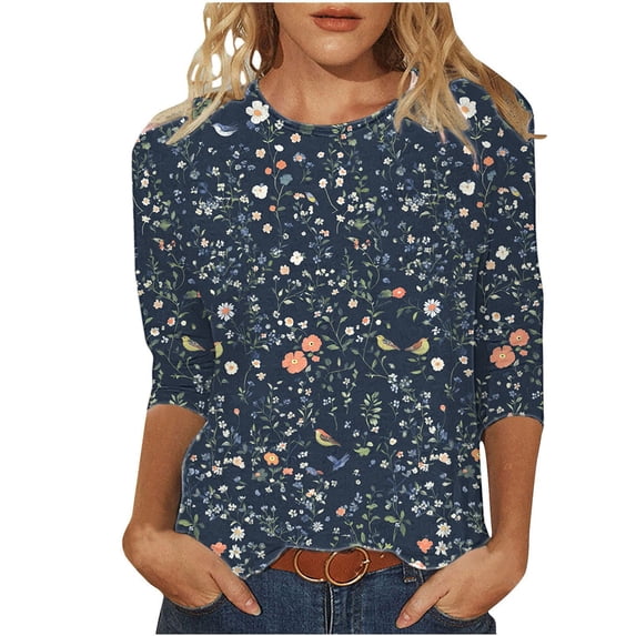 JSheng 3/4 Sleeve Tops for Women Plus Size Fashion Floral Printed Crew Neck Casual Loose Blouse for Daily Wear A-Blue L
