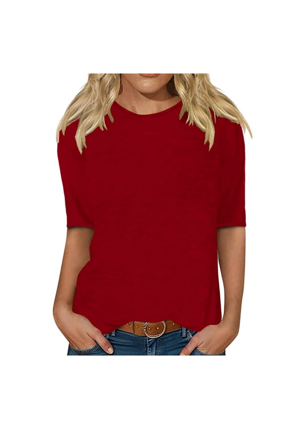 3/4 Sleeve for Women Fashion Solid T-shirt Mid-length Round Neck Leisure Pullover Loose Top