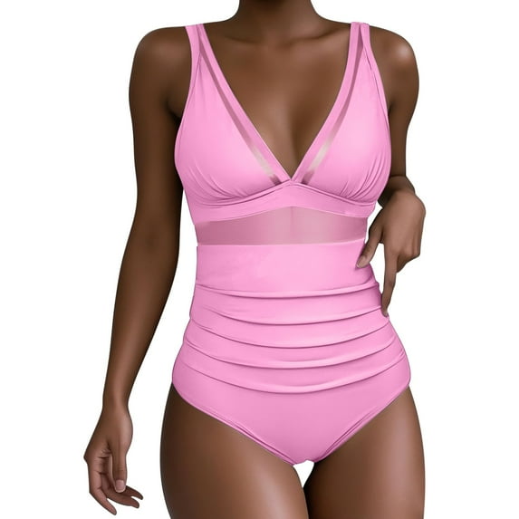 JSheng Bikini Swimsuit for Women One Piece Women's Fashion Solid Color Tight Fitting And Gathering Swimsuit Pink XXL