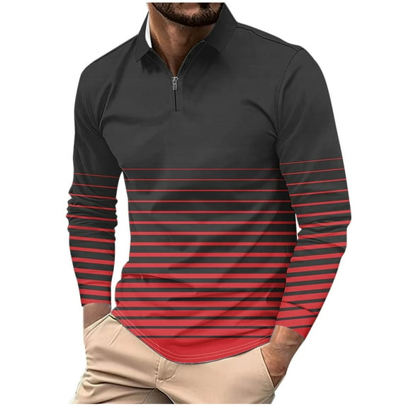 JSheng Business Shirts for Men Loose Gradient Color Half Zipper Striped Printed Long Sleeve Turndown Collar Blouse Red XXXL
