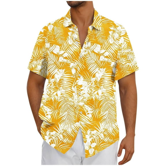 JSheng Button Down Shirt for Men Summer Short Sleeve Printing Button Up Lapel Collar Beach Shirt Yellow XXXL