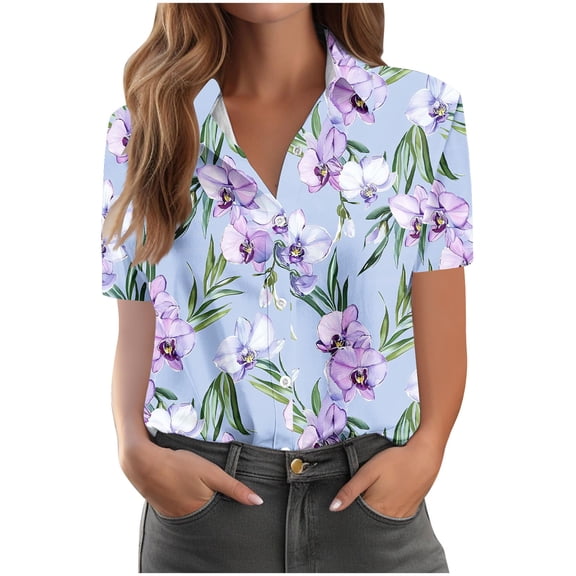 JSheng Button Down Shirts for Women Women Casual Short Sleeve Floral Print Blouses Summer Tops Purple L