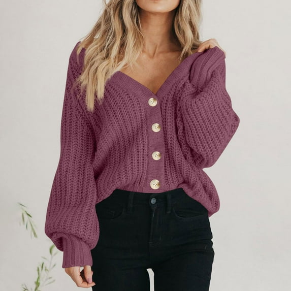 JSheng Women's Cardigan Sweater Fashion Solid Color Coarse Knit Cardigans Long Sleeve Button Loose Warm Sweater Coats Purple XL