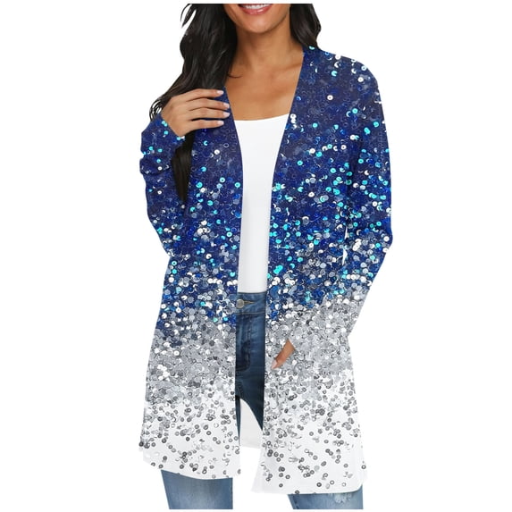 JSheng Casual Cardigan Tops for Women Fashion Cute Printed Long Sleeved Loose Comfy Tops with Pockets Sky Blue M