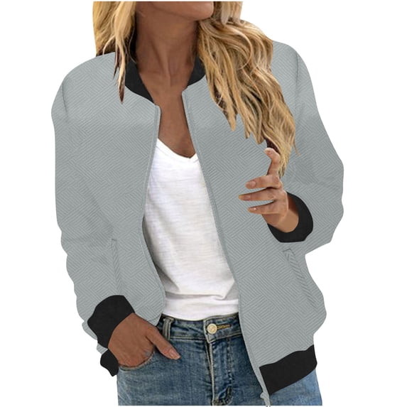 JSheng Casual Jacket for Women Women's Solid Color Loose Long Sleeved Sweatshirt Zipper Baseball Coats Gray XXL