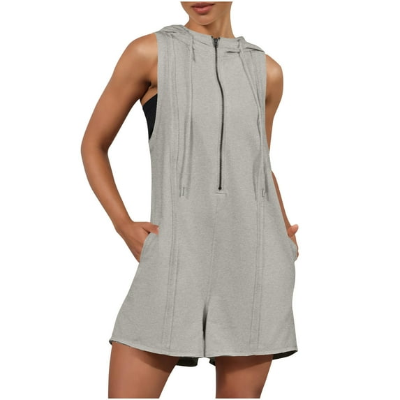 JSheng Casual Jumpsuits for Women Summer Sleeveless Romper Tank Zip Jumpsuits with Side Pockets Gray S