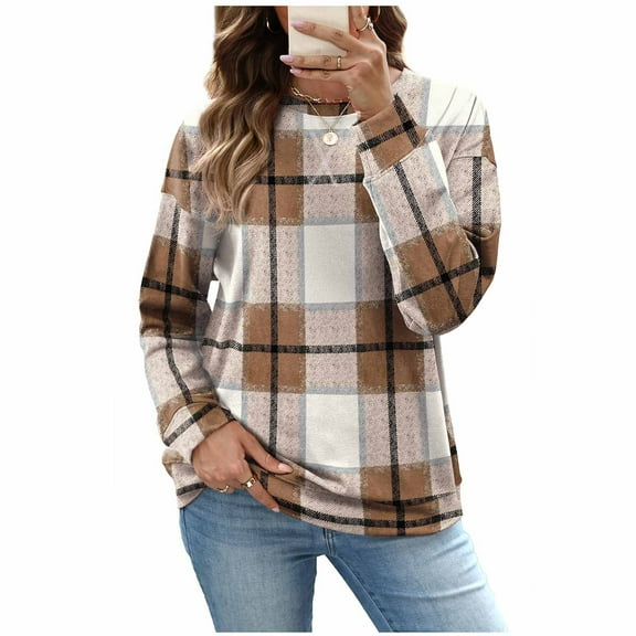 JSheng Casual Loose Top for Women Fashionable Plaid Printed Round Neck Long Sleeve Sweatshirts for Daily Wear Khaki S