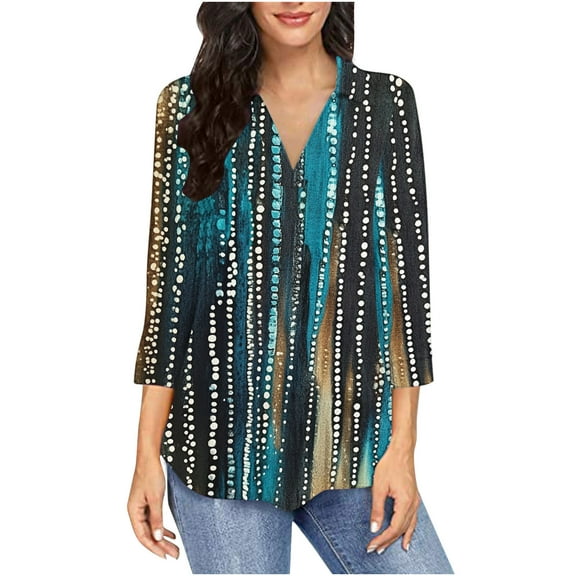 JSheng Casual Printed 3/4 Sleeve Top for Women Fashion Femal V-Neck Printing Seven Quarter Sleeves Loose Comfy Blouse