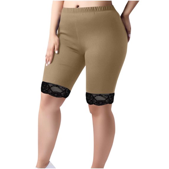 JSheng Casual Shorts for Women Plus Size Fashion Women's Plus Size Yoga Pants Half Shorts Solid Color Lace Elastic Waist Design Khaki XL