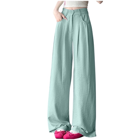JSheng Casual Straight Leg Pants For Women Women's Solid Color Casual Pocket Straight Leg Pants Soft & Comfortable Blue S