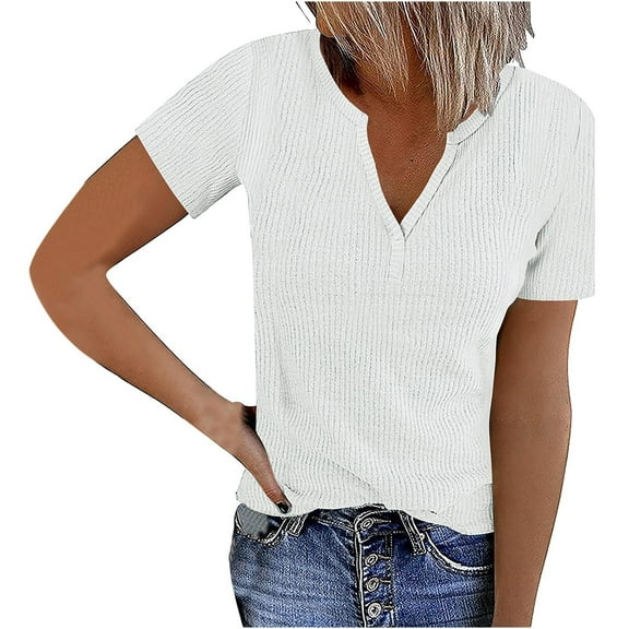 JSheng Casual T-Shirt for Women Trendy Ladies Summer Pit Solid Color V-neck Kint Short Sleeve T-shirt Top White XXL