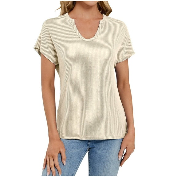 JSheng Casual T-Shirt for Women Trendy Ladies Summer Solid Color V-neck Raglan Kint Short Sleeve T-shirt Top Beige M