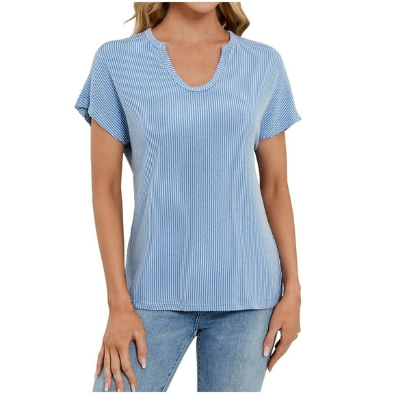 JSheng Casual T-Shirt for Women Trendy Ladies Summer Solid Color V-neck Raglan Kint Short Sleeve T-shirt Top Light Blue S