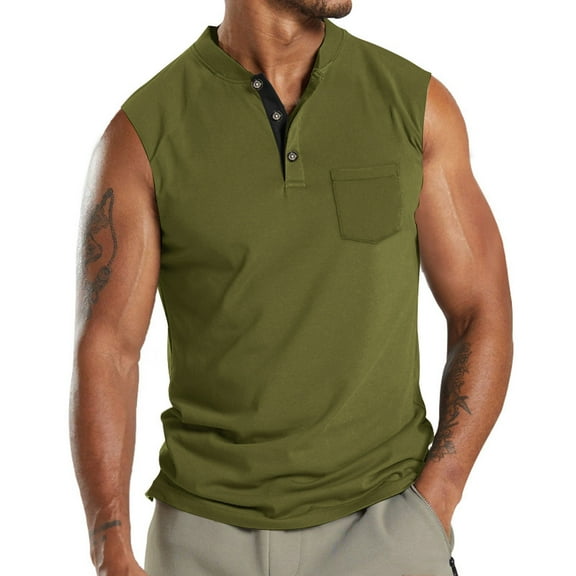 JSheng Casual Tank Top for Men Men Leisure Versatile Button Pocket Solid Color Thin Style Sleeveless T-shirt Green XXL
