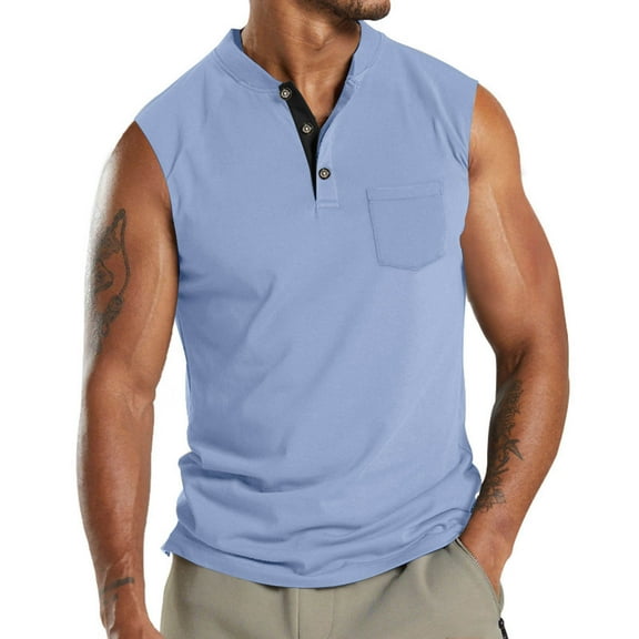 JSheng Casual Tank Top for Men Men Leisure Versatile Button Pocket Solid Color Thin Style Sleeveless T-shirt Light Blue XL