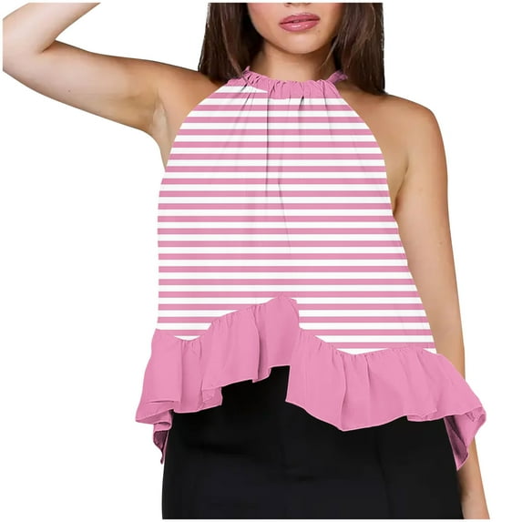 JSheng Casual Tank Top for Women Women Striped Round Neck Lotus Leaf Hem Sleeveless Fashion Vest Top Pink L