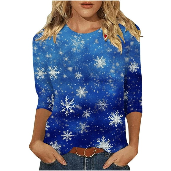 JSheng Christmas 3/4 Sleeve Tops for Women Women's Loose Fashionable Christmas Printed Round Neck Pullover T-shirt Top Dark Blue L