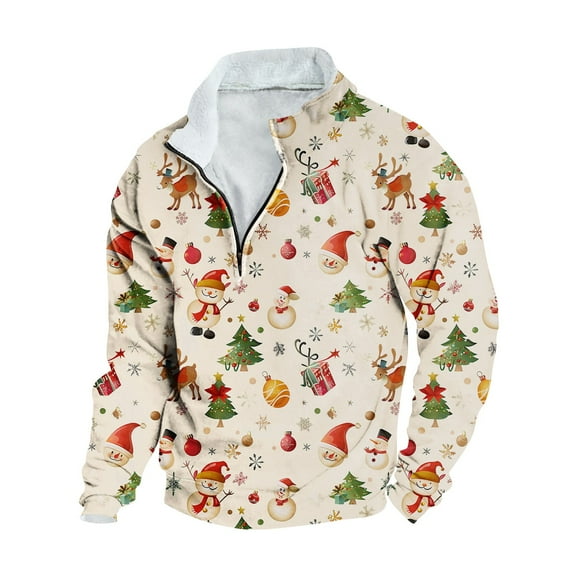 JSheng Christmas Men's Casual Sweatshirts Fashion Hoodless Printed Stand Collar Half Zipper Long Sleeved Loose Top Beige XXXXL