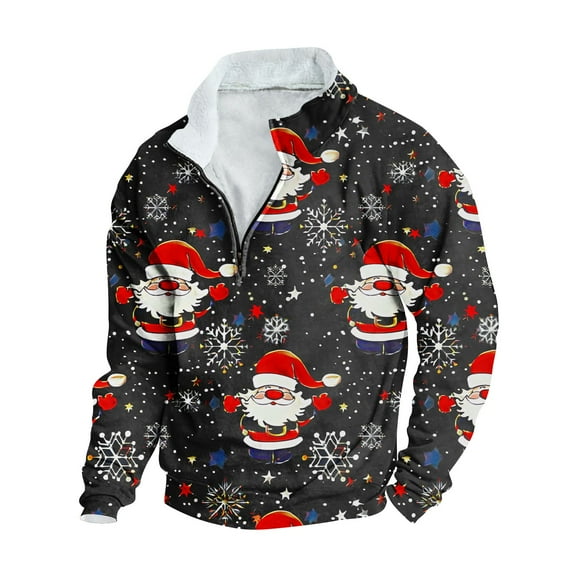 JSheng Christmas Men's Casual Sweatshirts Fashion Hoodless Printed Stand Collar Half Zipper Long Sleeved Loose Top Black XXXXL
