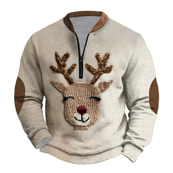 JSheng Christmas Men's Casual Sweatshirts Fashion Hoodless Printed Stand Collar Half Zipper Long Sleeved Loose Top Brown M