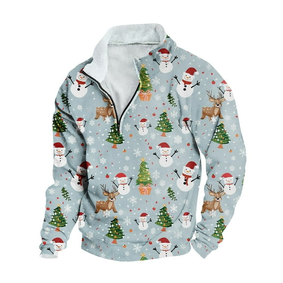 JSheng Christmas Men's Casual Sweatshirts Fashion Hoodless Printed Stand Collar Half Zipper Long Sleeved Loose Top Gray L