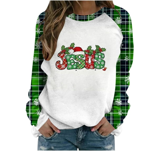 JSheng Christmas Sweatshirt Top for Women Casual Printed Round Neck Loose Long Sleeve Capless Pullover Tops ZA-Green XL