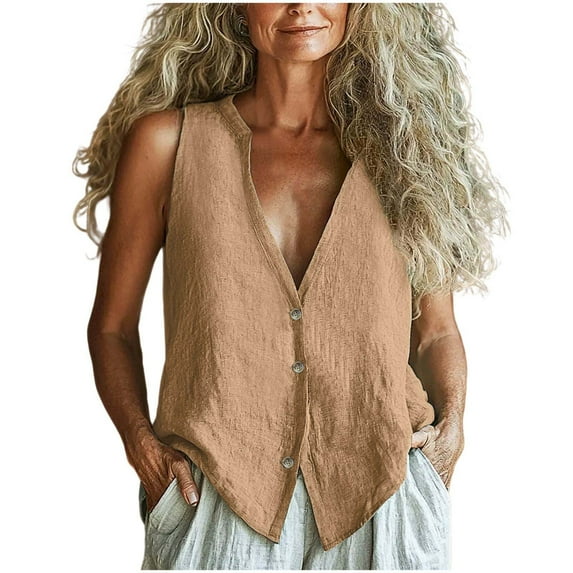 JSheng Women's Tank Tops Cotton Linen Solid Color Cotton Linen V-Neck Casual Button Sleeveless Vest Top Khaki XXL