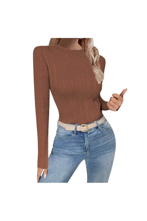 Fall Winter Kinted Sweater for Women Fashionable Round-neck Solid Color Long Sleeved Sweaters Top Coffee S