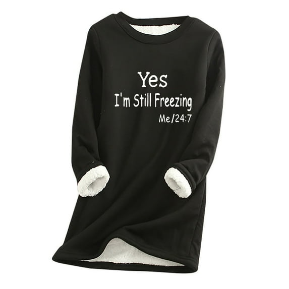 JSheng Fall Winter Warm Tops for Women Fashion Printed Casual Style Long Sleeve Round Neck Thermal Loose Top Black XXXL