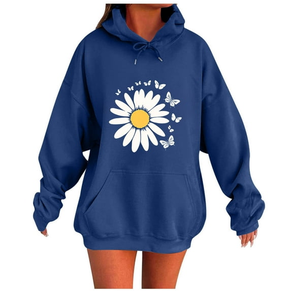 JSheng Fashion Hooded Tops for Women Casual Ladies Flower Printed Long Sleeve Comfortable Sweatshirt Tops Blue XXL