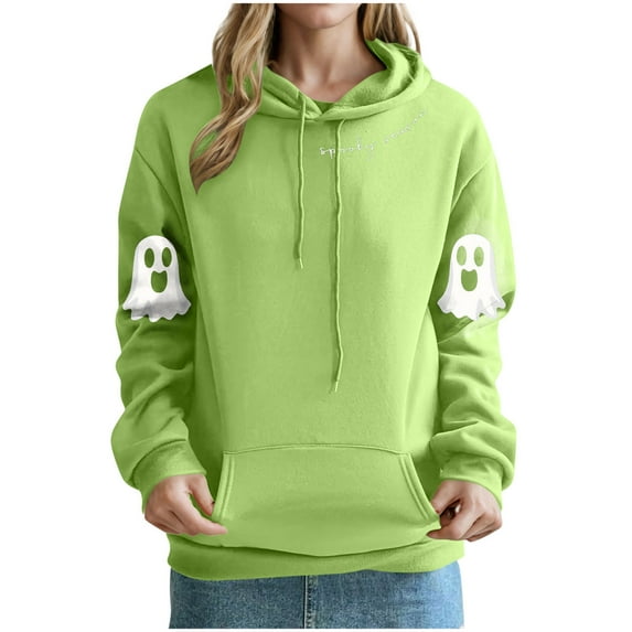 JSheng Halloween Printed Hoodies for Women Ladies' Long sleeve Hooded Printing Drawstring Comfy Sweatshirts Green S