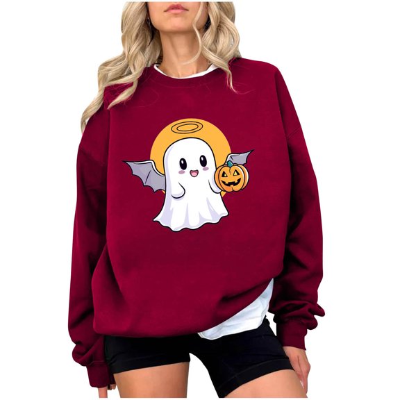 JSheng Halloween Sweatshirts for Women Fashion Printed Crew Neck Long Sleeve Hoodless Sweatshirt Blouse