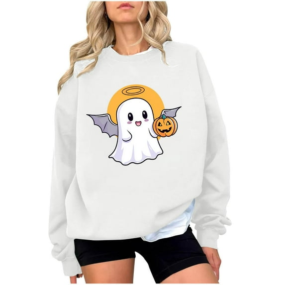 JSheng Halloween Sweatshirts for Women Fashion Printed Crew Neck Long Sleeve Hoodless Sweatshirt Blouse