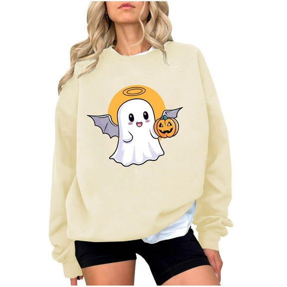 JSheng Halloween Sweatshirts for Women Fashion Printed Crew Neck Long Sleeve Hoodless Sweatshirt Blouse