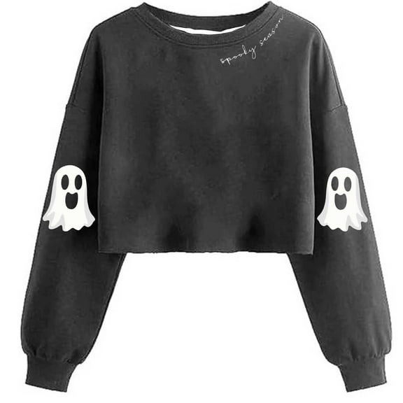 JSheng Halloween Women's Pullover Tops Fashion Festival Printed Loose Casual Round Neck Long Sleeved Sweatshirts Gray S
