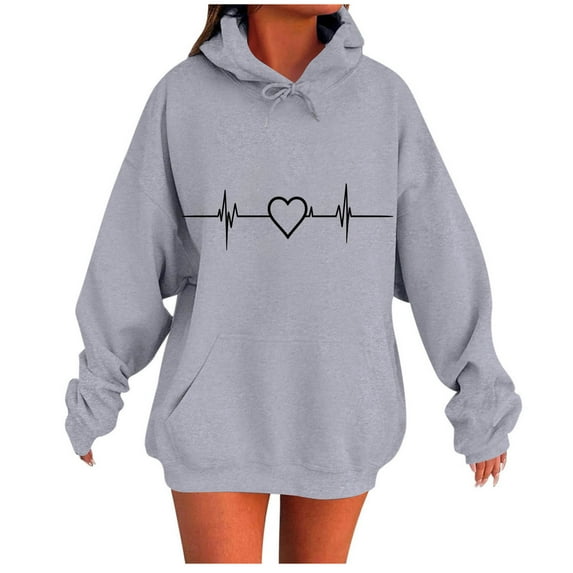 JSheng Hoodies Tops for Women Women's Casual Heart Printing Long Sleeve Comfortable Sweatshirt Tops Gray XL
