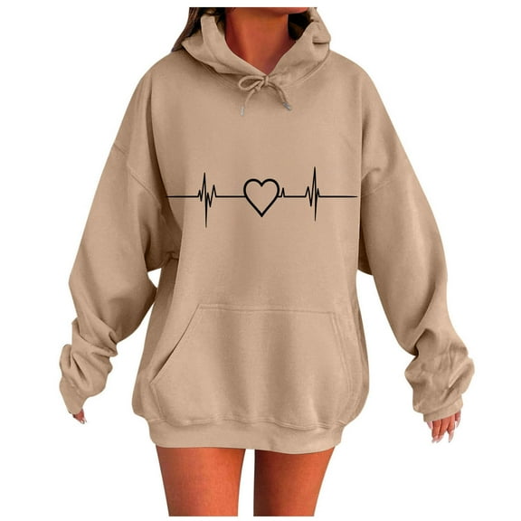 JSheng Hoodies Tops for Women Women's Casual Heart Printing Long Sleeve Comfortable Sweatshirt Tops Khaki M