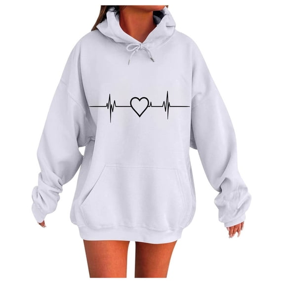 JSheng Hoodies Tops for Women Women's Casual Heart Printing Long Sleeve Comfortable Sweatshirt Tops White L