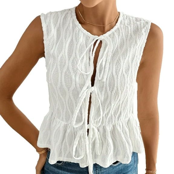 JSheng Ladies Front Tie Fashion Vest Top Solid Color Sleeveless Casual Round Neck Tops