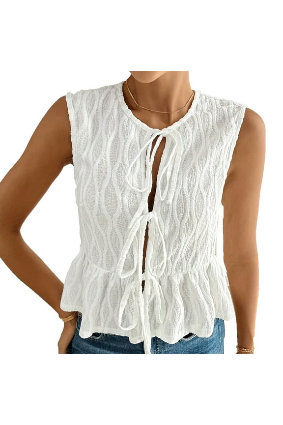 Ladies Front Tie Fashion Vest Top Solid Color Sleeveless Casual Round Neck Tops