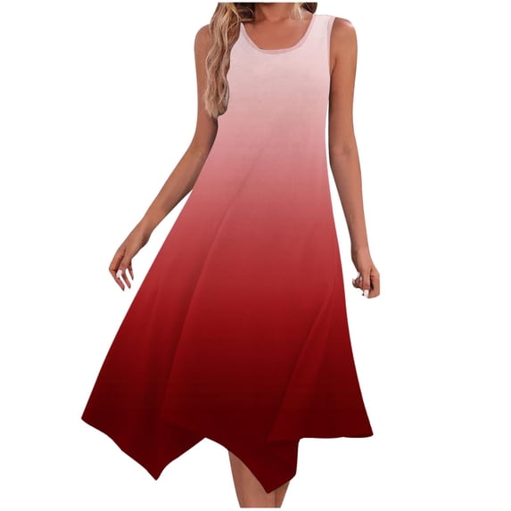JSheng Summer Dresses for Women 2025 Sleeveless Round Neck Solid Color Casual Iirregular A-shaped Long Dress ZC-Red M