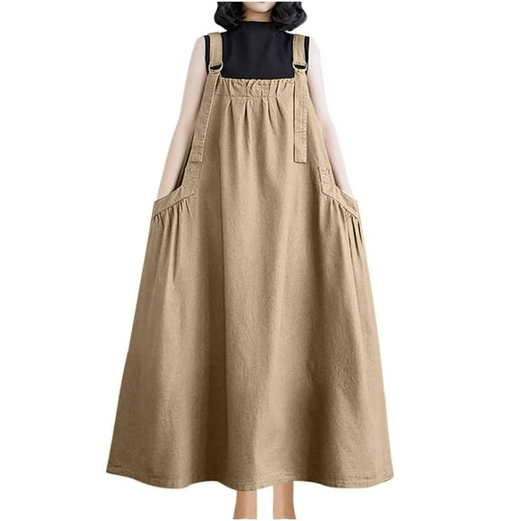 JSheng Ladies Plus Size Dress With Pockets Solid Color Cotton And Linen Loose Commuter Casual Suspenders Long Skirt Suspenders Dress