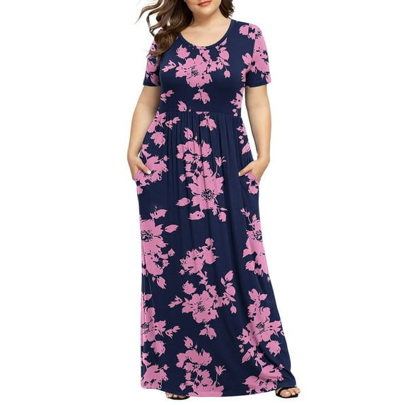 JSheng Ladies Printing Long Dress with Pocket Summer Short Sleeve Round Neck Solid Color Casual Flowy Dress