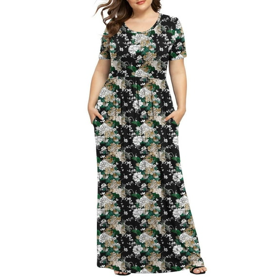 JSheng Ladies Printing Long Dress with Pocket Summer Short Sleeve Round Neck Solid Color Casual Flowy Dress