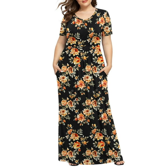 JSheng Ladies Printing Long Dress with Pocket Summer Short Sleeve Round Neck Solid Color Casual Flowy Dress